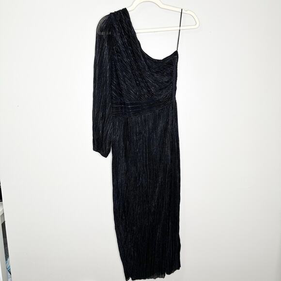 Saylor Midi Dress Alora Plissé One Shoulder SlitHem Black Metallic Size M0 - Picture 2 of 8